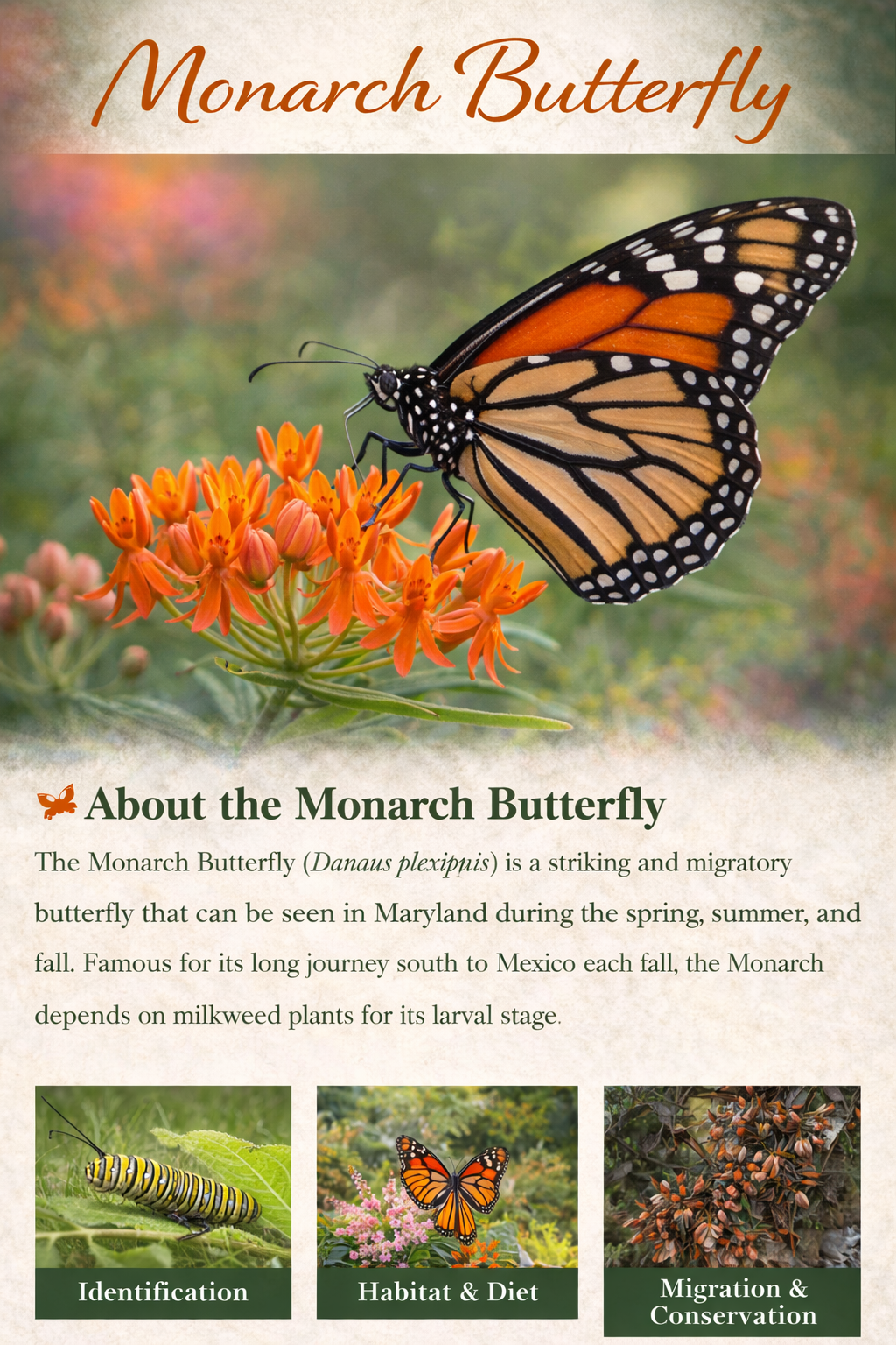 Monarch butterfly on milkweed in Maryland